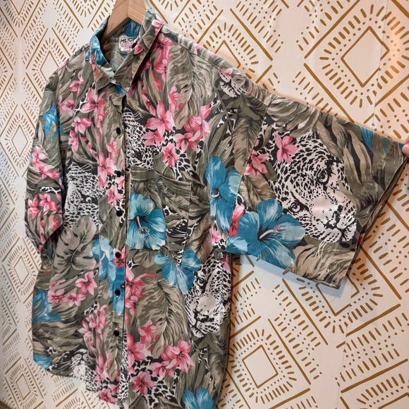 Vintage Button Up Size 22W Tropical Leopard Floral Short Sleeve Shirt Summer - Picture 3 of 10